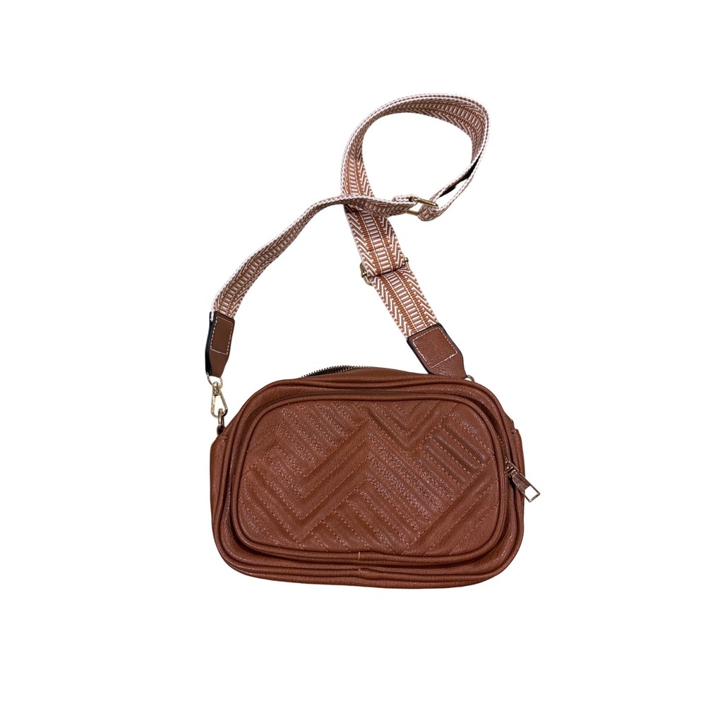 Cognac Brown Quilted Chevron Crossbody Bag with Printed Guitar Strap Mens Womens